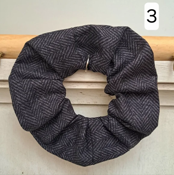 ONE Scrunchie Hair Tie Cotton Black Grey Blue Herringbone Pattern - Picture 7 of 7